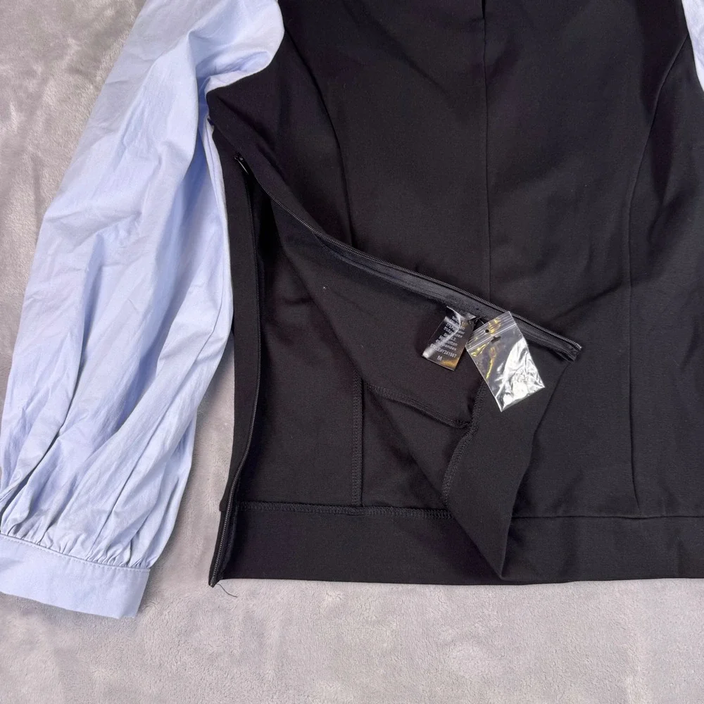 Tuckernuck Black Knit Light Blue Poplin Puff Sleeve Top Y24155T Womens‎ M NEW